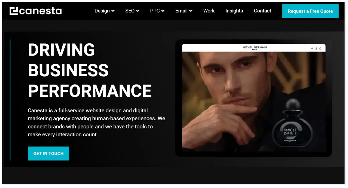 Canesta home page with a picture of a man and a button for Get in Touch.
