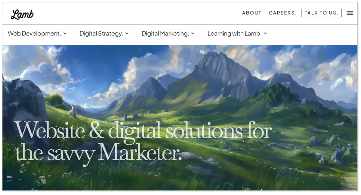 A picture of Lamb Agency saying Website & digital solutions for the savvy marketer and a background picture of mountains and a lamb.