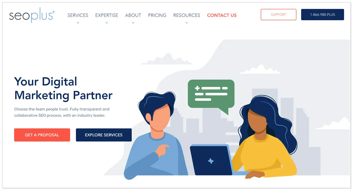 Seopplus Marketing Agency with the animated picture of a man and a girl looking in a laptop as well as with the two button one as Get Proposal and another as Explore services.