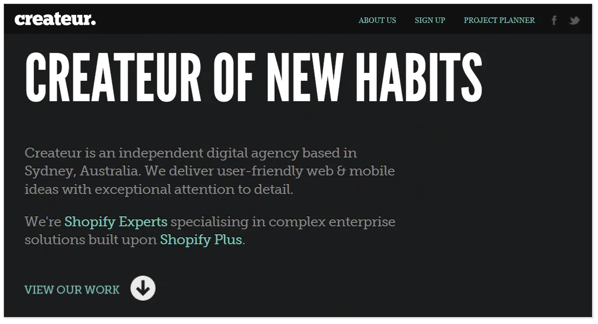 Createur Marketing Agency home page with a line stating Createur of New Habits.