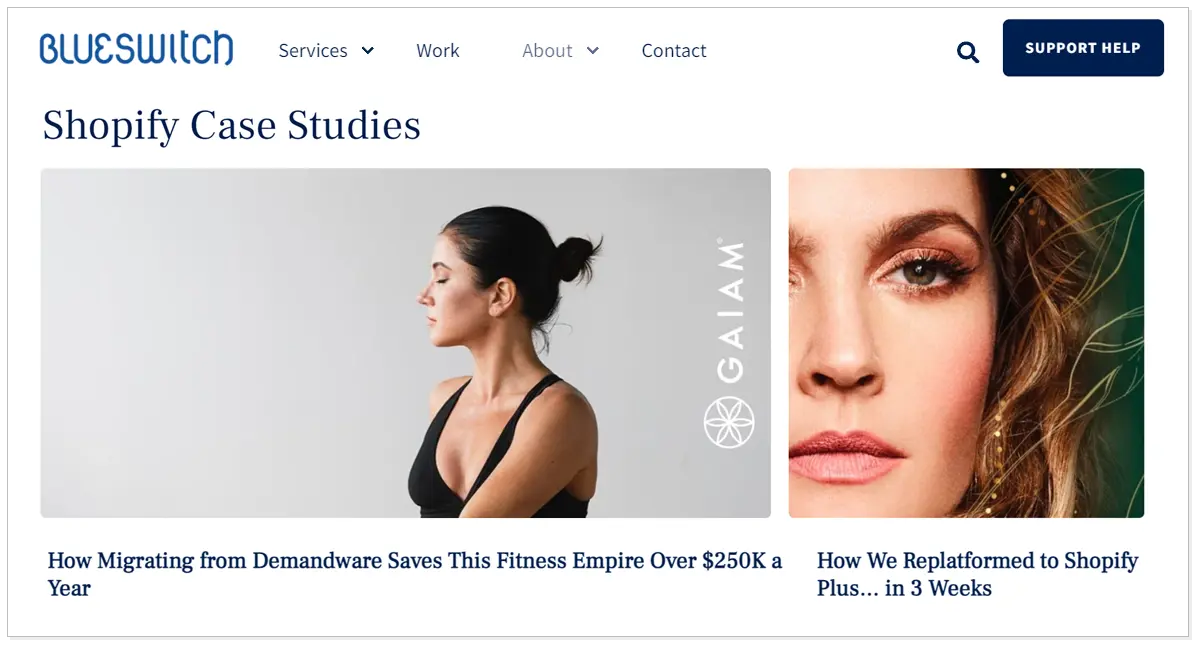 Blueswitch home picture with the image of two lady and a Support Help button.
