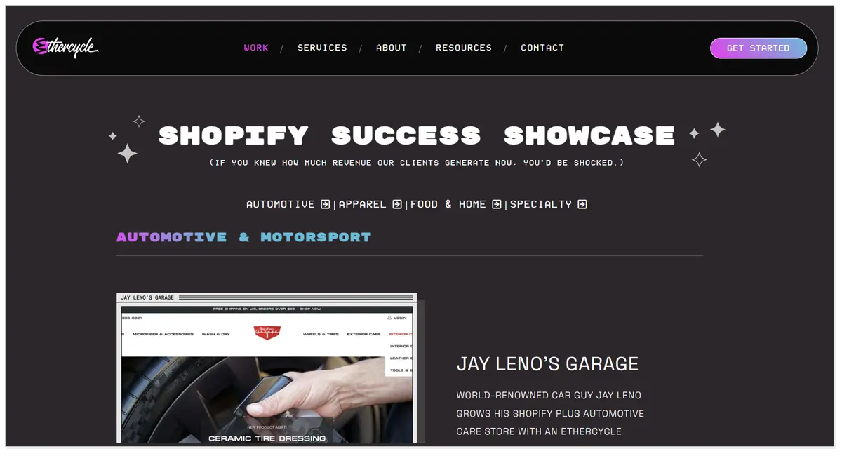 Ethercycle home page with a line of Shopify success showcase and Get Started button.
