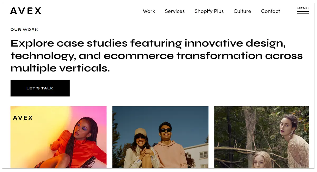 Avex Designs home page with the picture with three section first a lady second a lady with a man and at last two ladies.