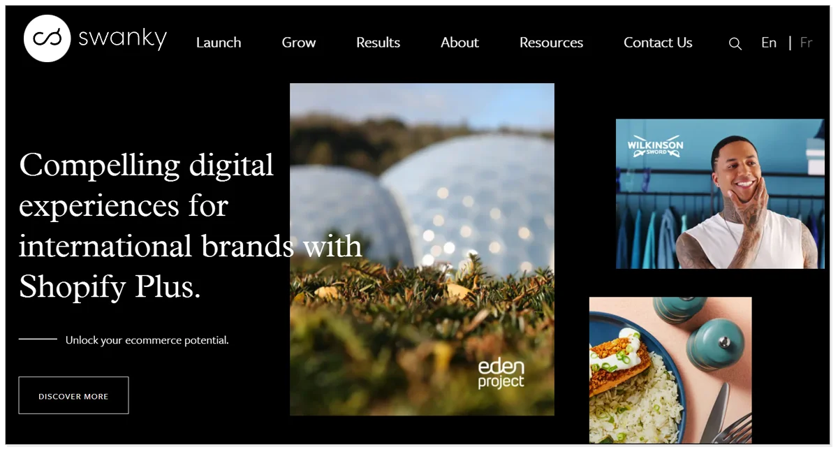 Swanky Agency home page with the picture of a man and a meal with button Discover more.