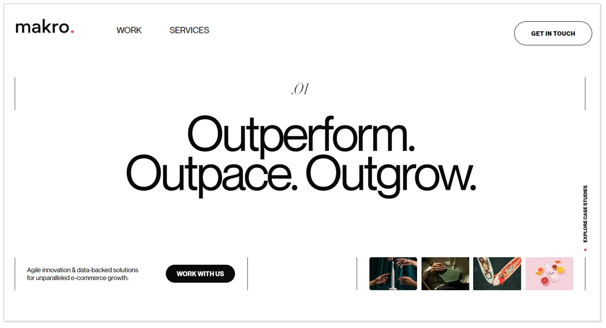 Home page of Makro Agency and line Stating Outperform, Outpace and Outgrown.