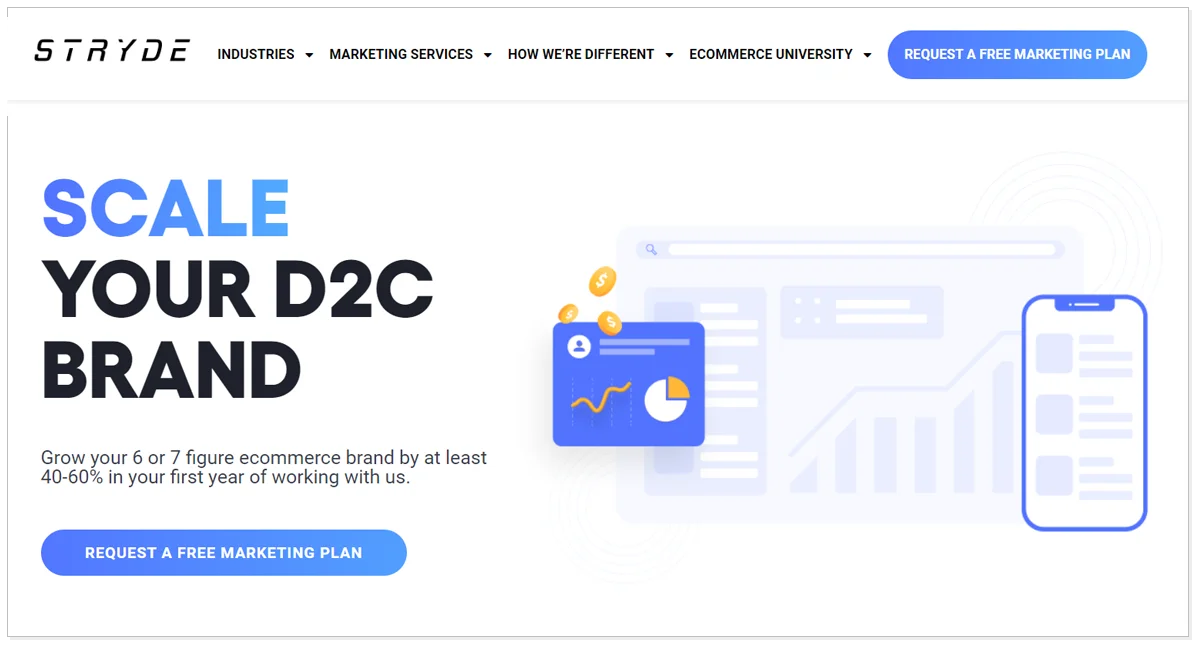 Stryde Marketing Agency home page with the button Request a Free Marketing Plan