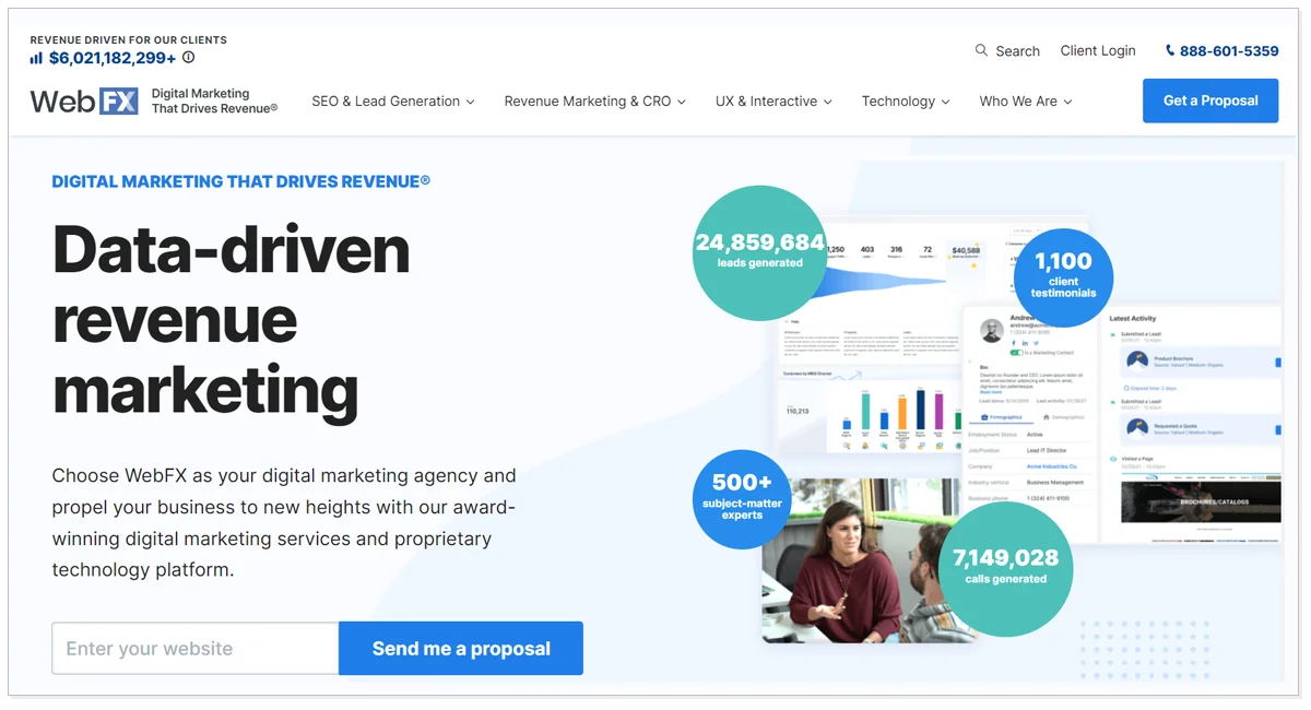 WebFX Shopify Marketing Agency home page with a picture of a lady and chat and graph representation.