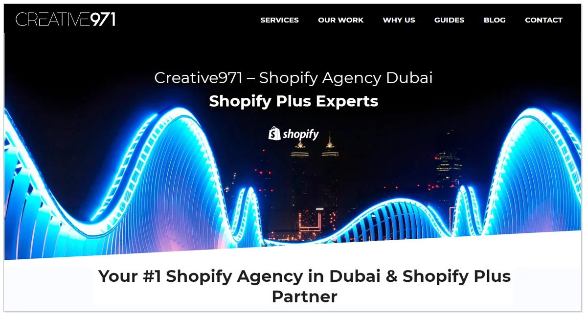 Creative971 home page with a visual stating Shopify Agency Dubai.