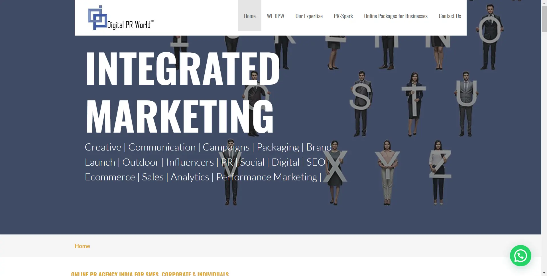 Digital PR World home page with a line stating Integrated Marketing.
