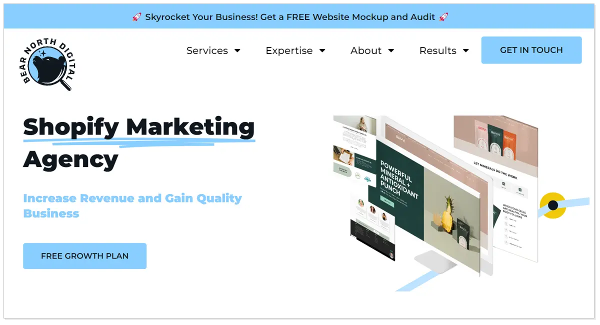 Bear North Digital Marketing Agency home page with Free Growth Plan button with picture of pamphlets.