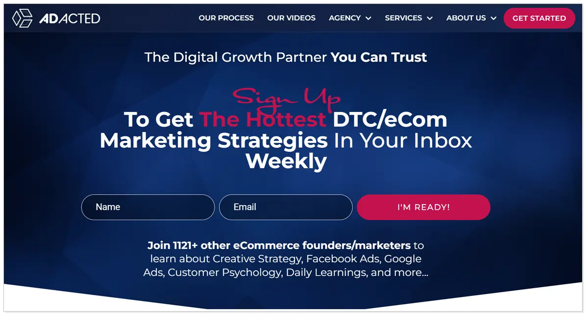 Adacted home page with three section of Name, Email and I'm Ready as well as with the button of Get Started.