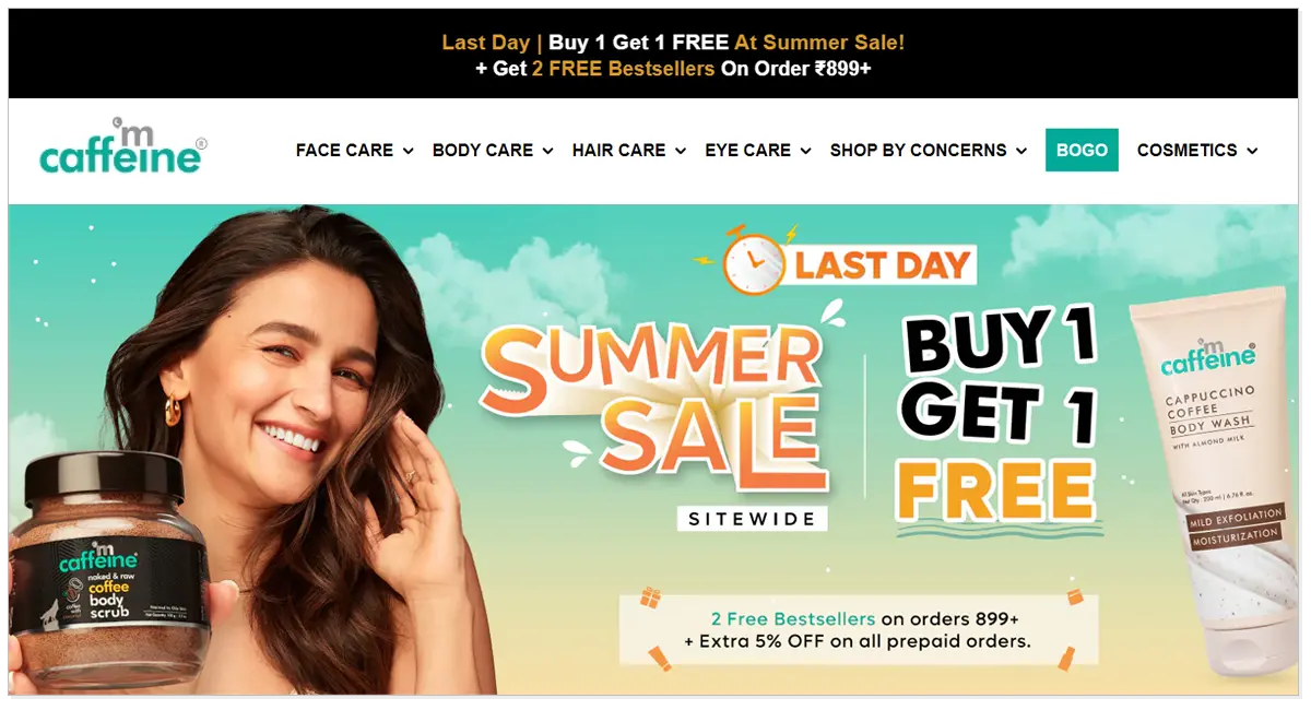 A home page of McCollins Media with the picture of Alia Bhatt and a summer sale offer of buy one get one free with the picture of a body wash.