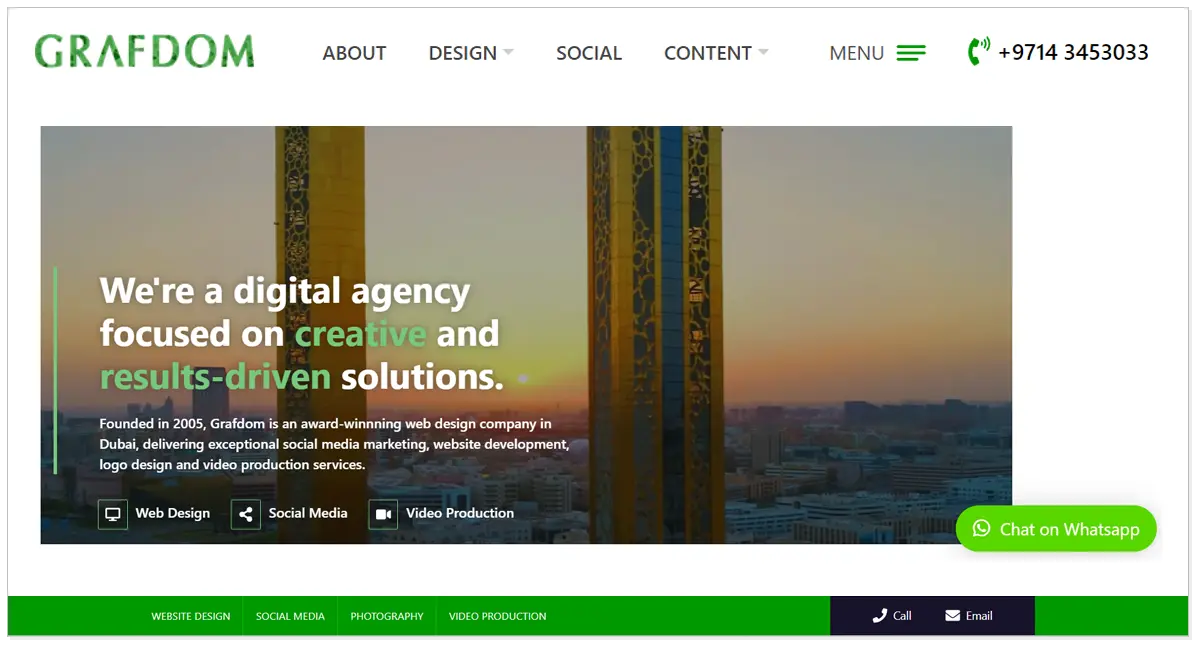 Grafdom home page with service like web design, social media and video production
