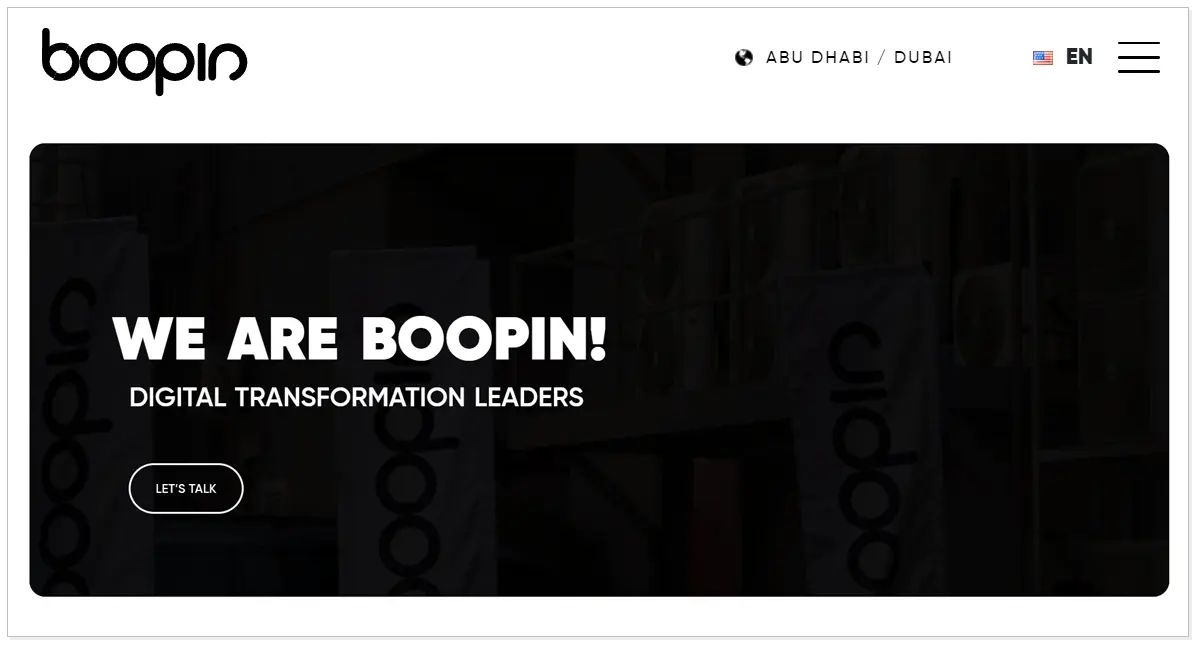 Boopin home page with a Let's Talk button