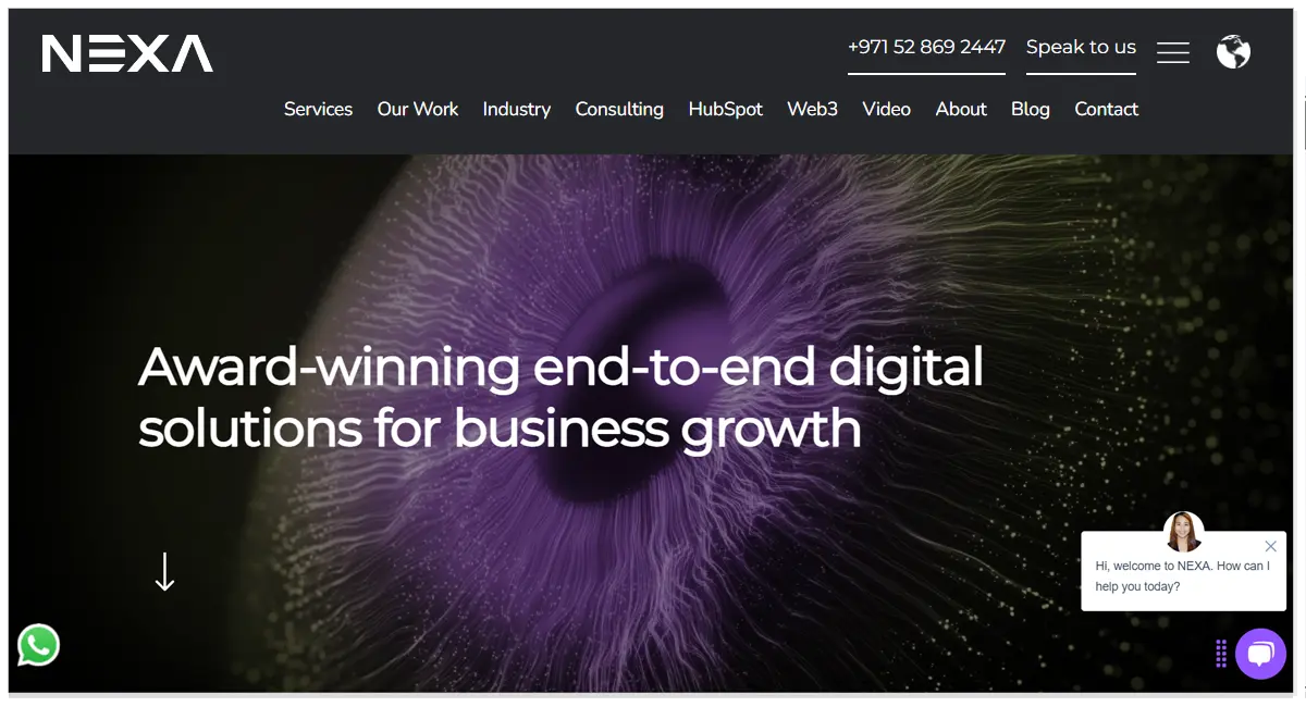 Digital Nexa website home picture with contact number and speak to us option.