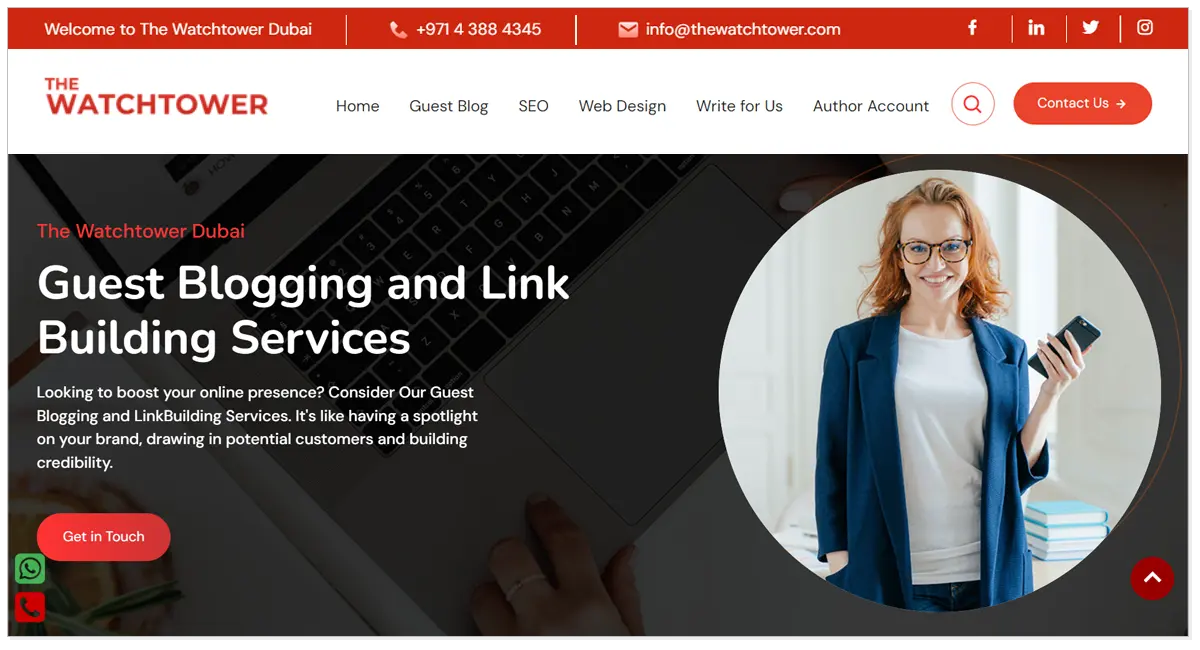 The watchtower home page with a picture of a lady and Get in Touch button.