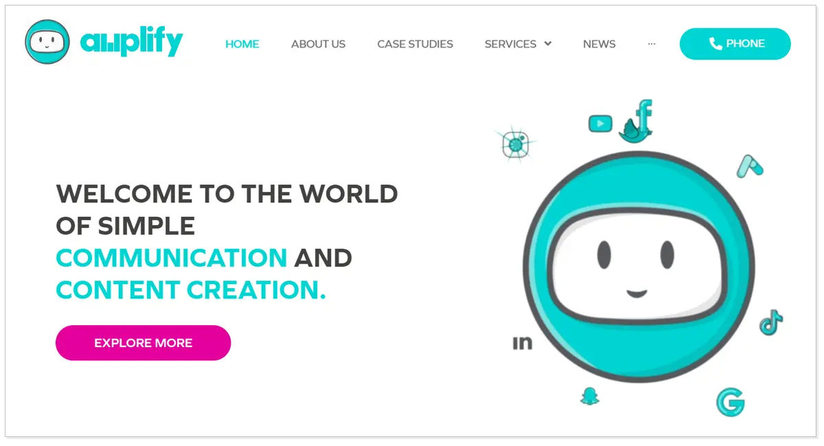 Amplify Marketing Agency with Explore More button.