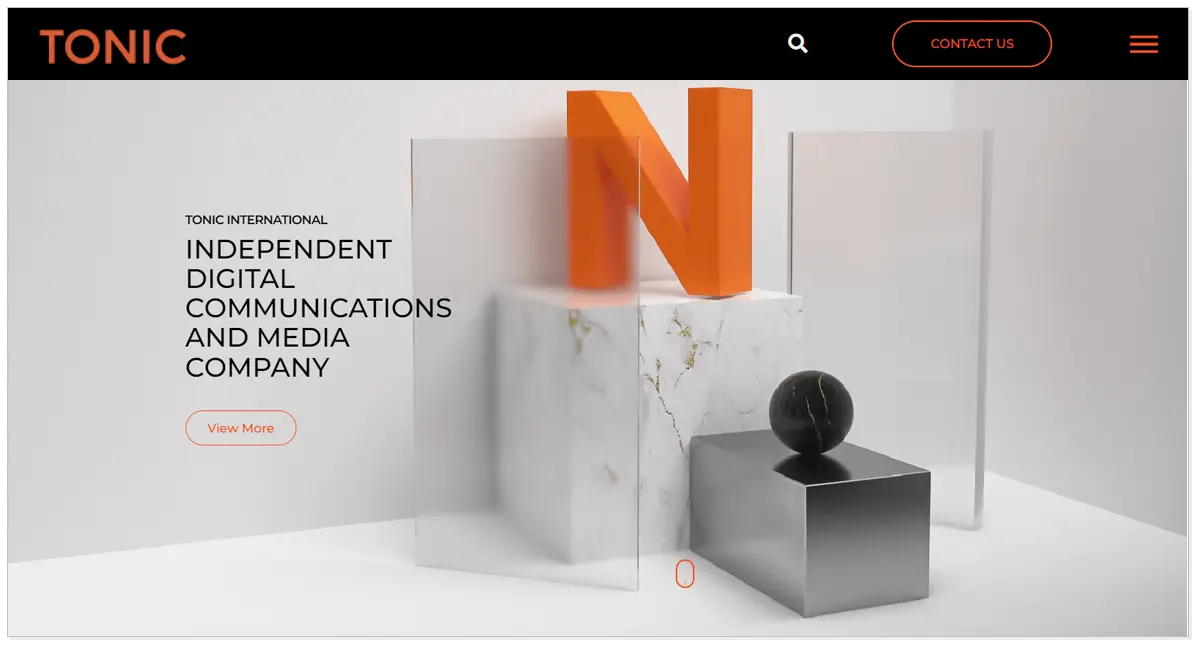 Home page of Tonic International showcasing a ball kept on a rectangle mettle with a shape designed an N.