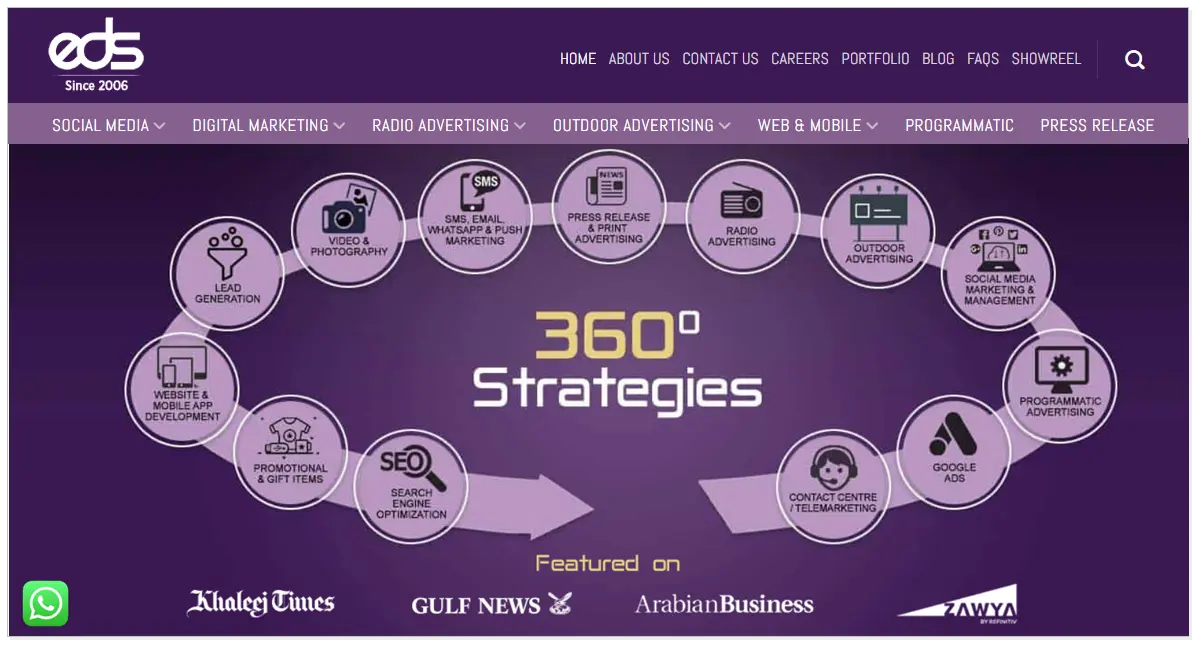 EDS FZE home page showcasing 360 degree strategies of marketing.