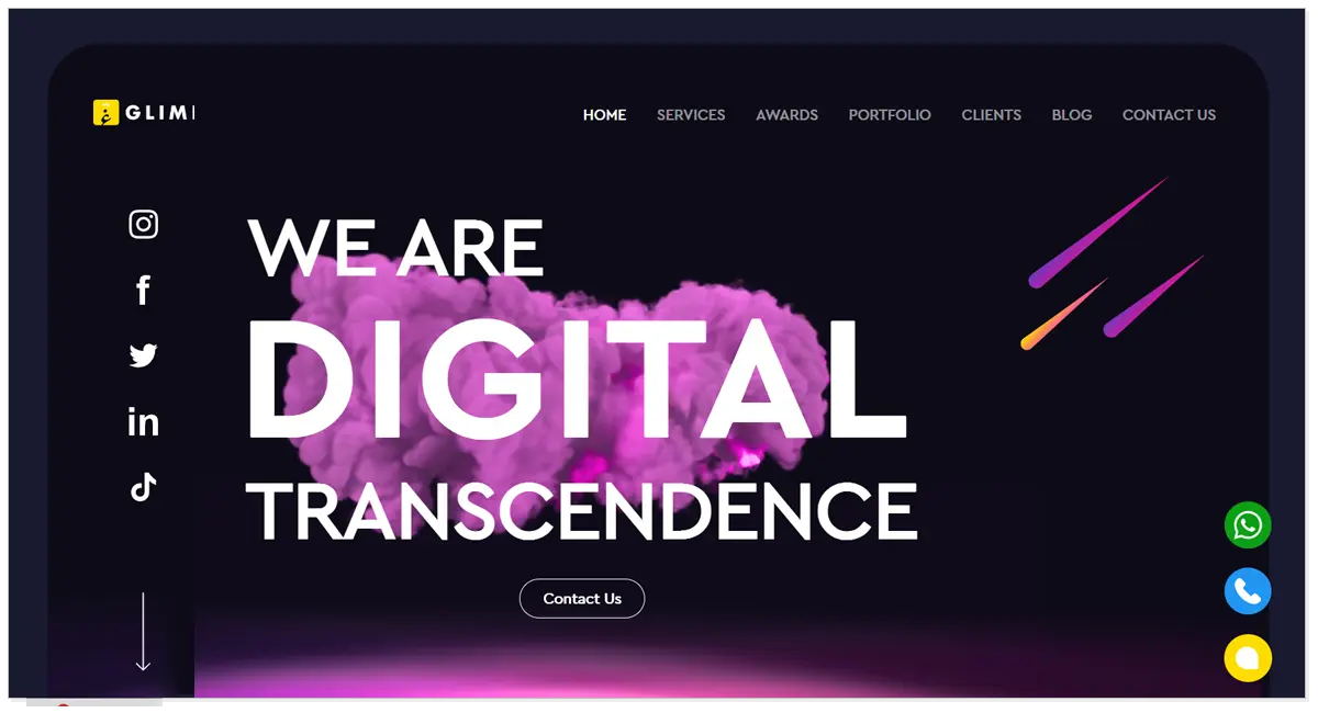 Home Page of Glimpse Digital Agency with Contact us button in center.