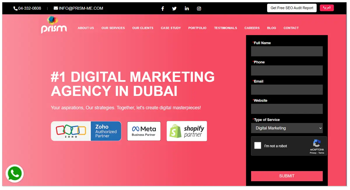 Prism Digital home page picture with the listed brands as ZOMO, Meta and Shopify with the login credential form.