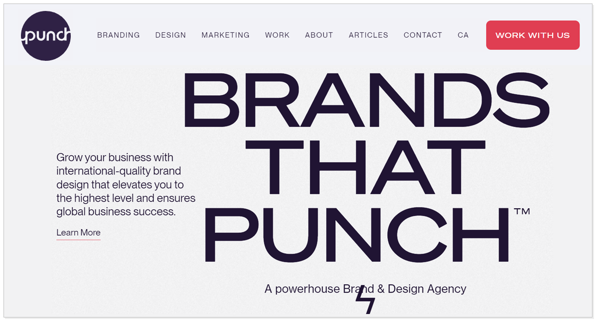 Punch home page with the Work with us button with a message of Brands That Punch.