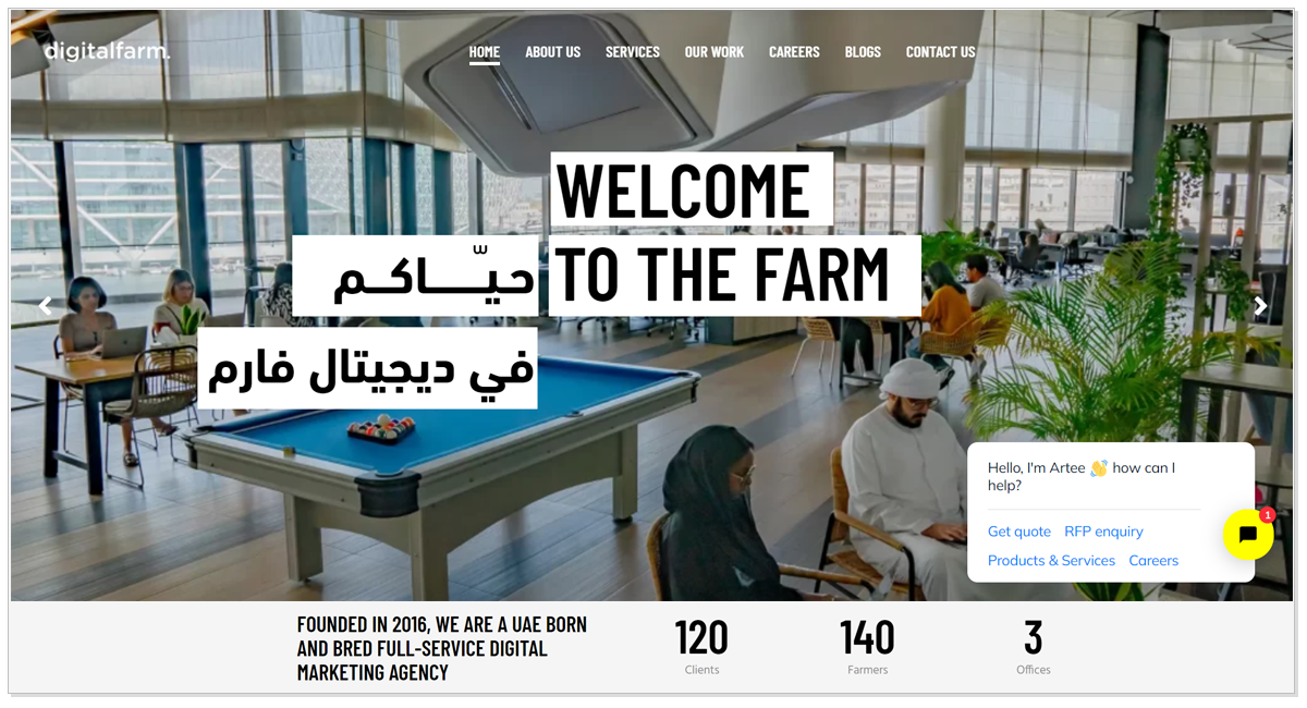 Digital Farm home page picture with a group of people working and a Snooker table.