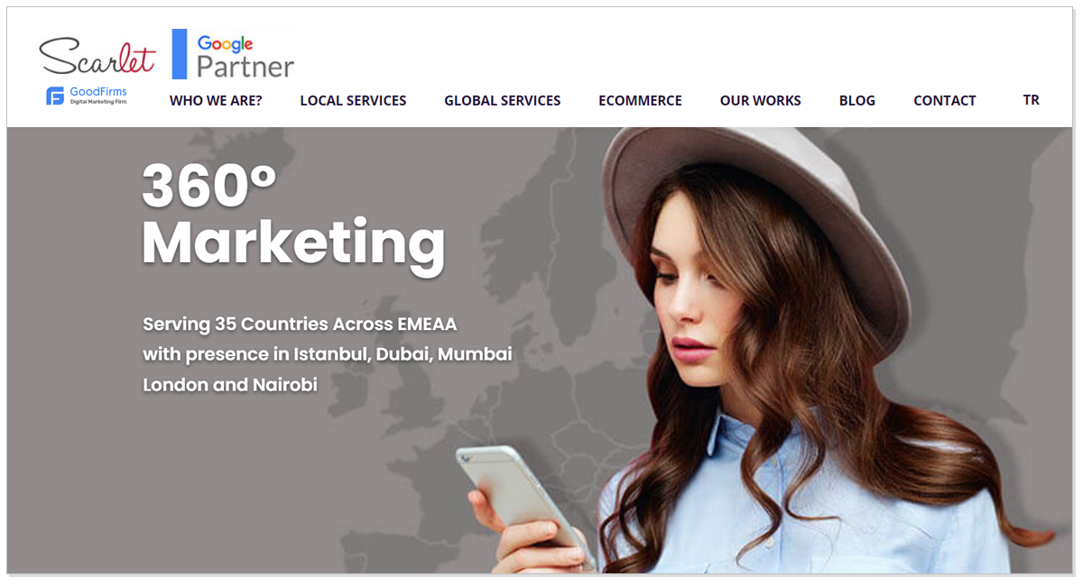 Scarlet Media home page with a girl 360 degree marketing and a picture of a girl using her phone.