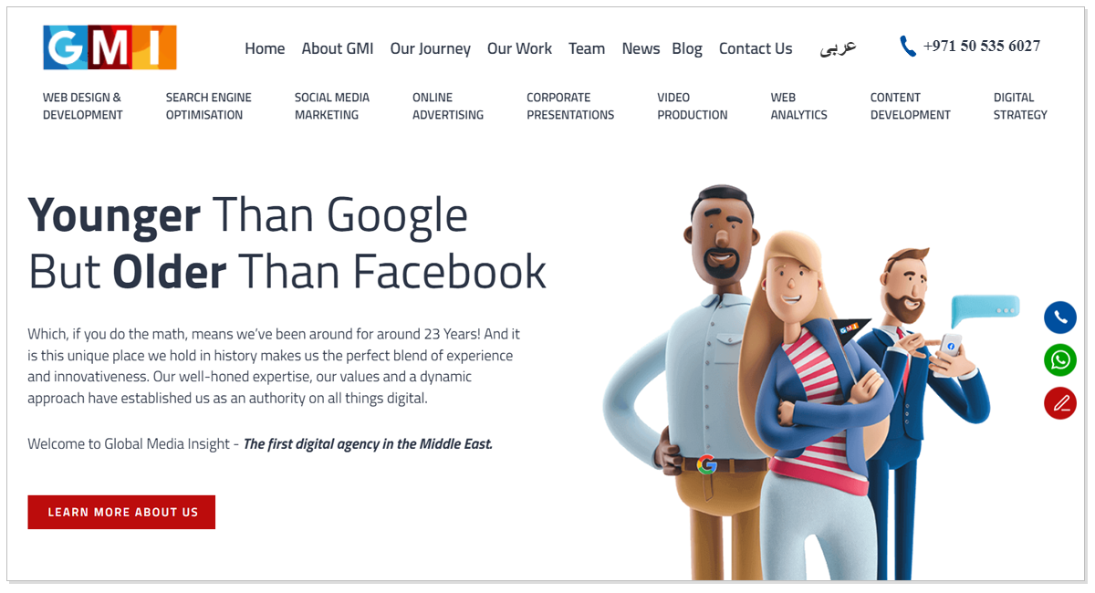 Global Media Insight home page with three animated 3d characters with a Learn More About us button.