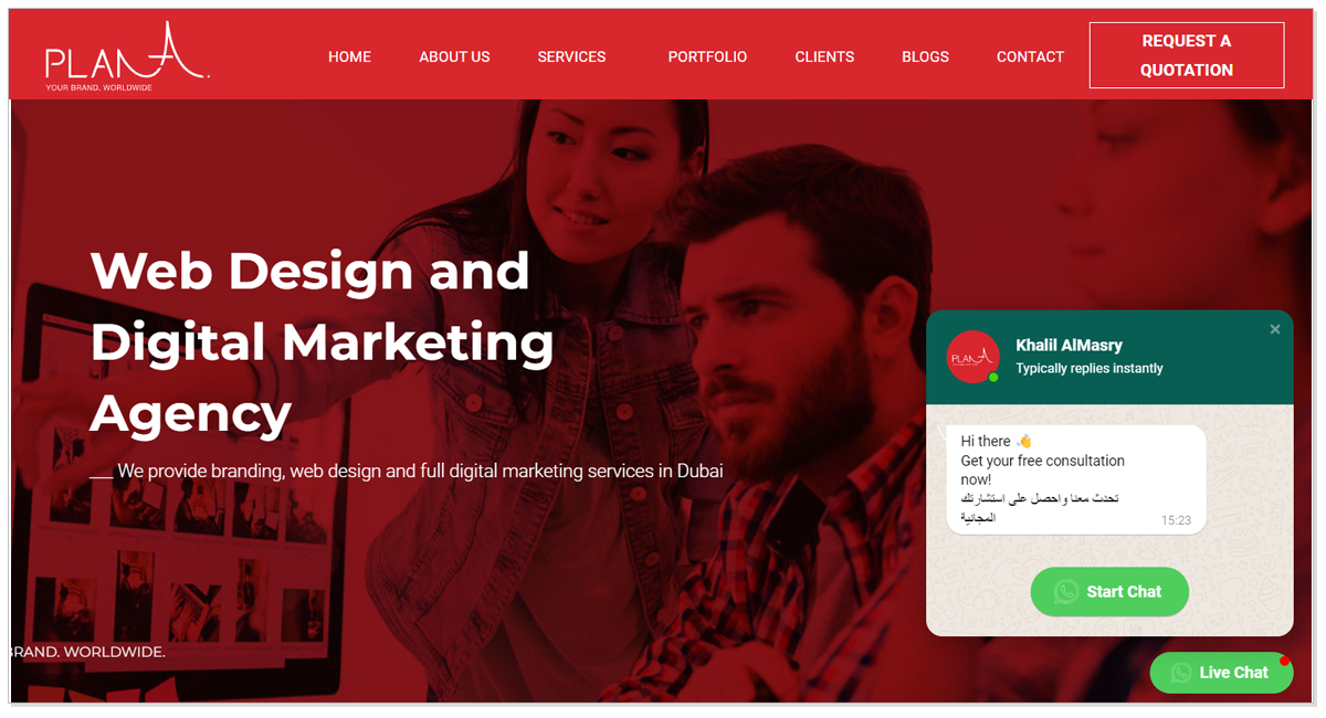 Plan A Agency home page with a image of whatsapp chat with the pictures of a man and two ladies having discussion.