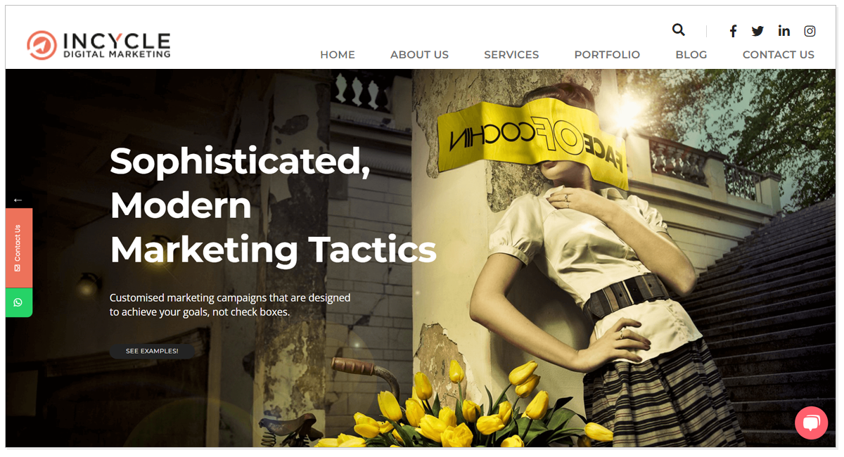 Incycle Marketing home page with the picture of a girl standing on the stairs with a cycle and flowers.