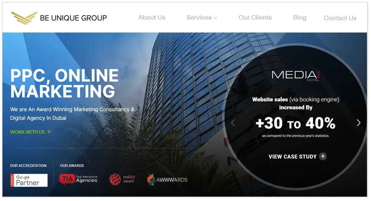 Be Unique Group home page with the picture showcasing increase in 30 to 40 % and the brands as Google and TIA Agencies, reddot award, Awwwards with Work with us button.