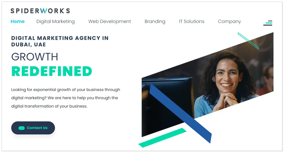 SpiderWorks home page with the picture of a lady smiling and contact us button.