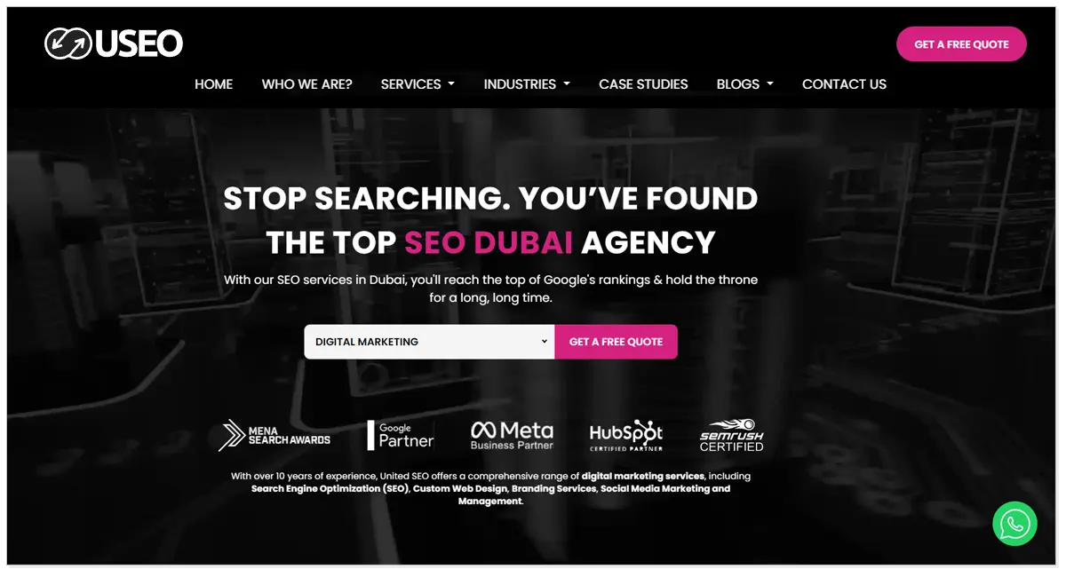 United SEO home page with the search bar and Get A Free Quote button.