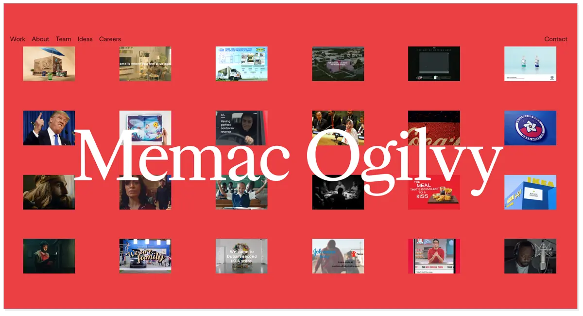 Home page of Memac Ogilvy with the picture of Donald Trump and Ranveer kapoor and other famous people and things.