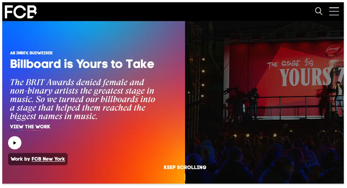 FCB home page with the picture of a concert and keep scrolling button.