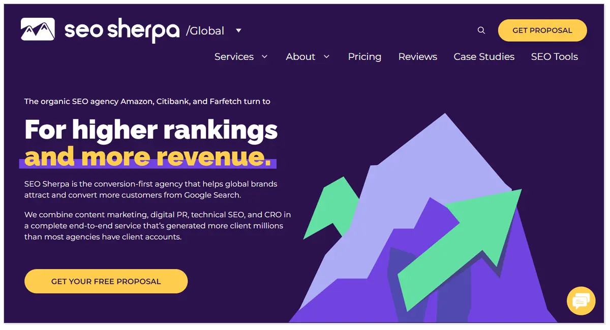 A home page of SEO Sherpa with the picture of an arrow mark and a graph with Get your Free Proposal button.