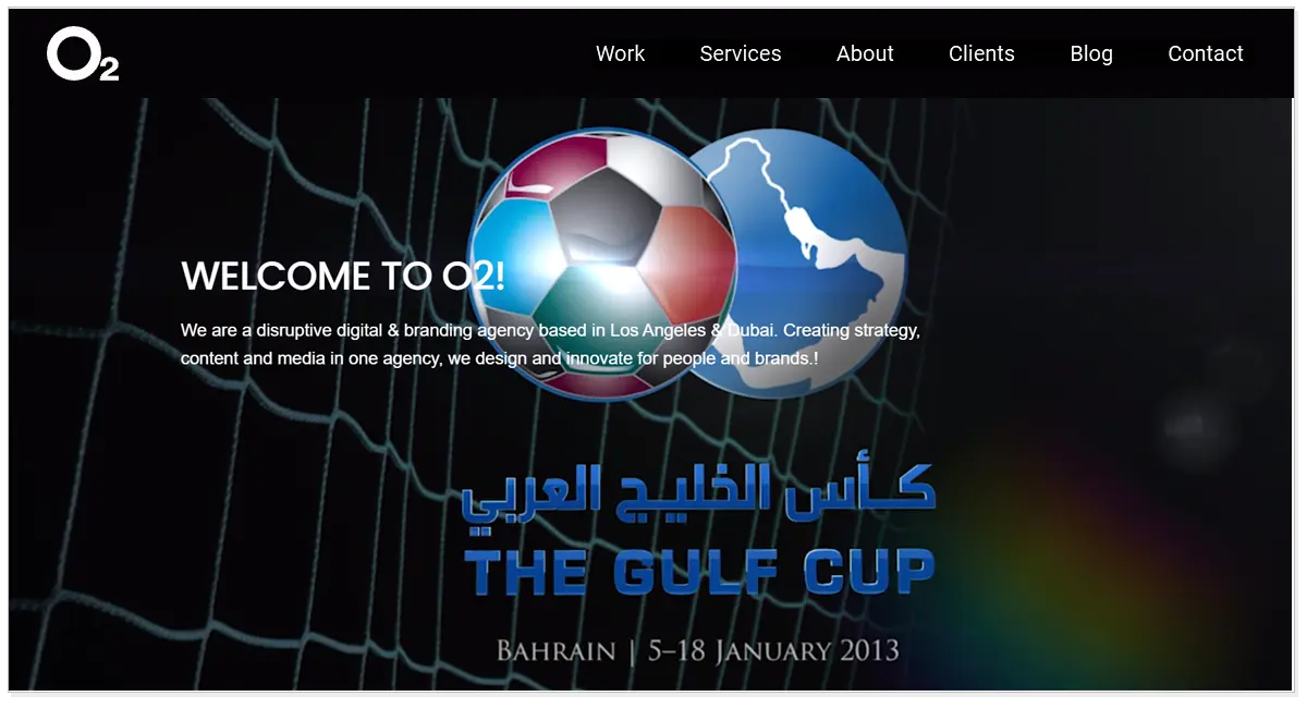 A home page of O2 with a picture of a football and a globe hitting to the net.