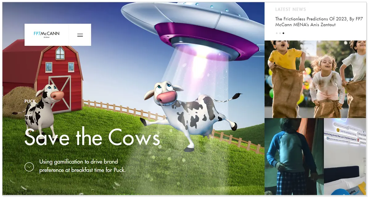 FP7 home page with the picture of an UFO and cow on the other side 3 child playing and a man standing in next picture.