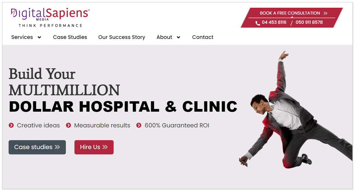 Home page of Digital Media Sapiens with the picture of a boy in dancing position and Case studies as well as Hire us button.