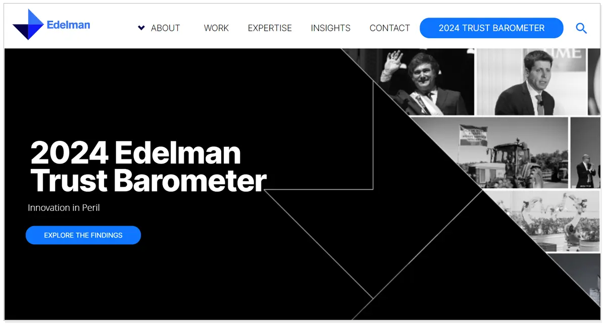 Home page of Edelman with the picture of men and a tractor vehicle.