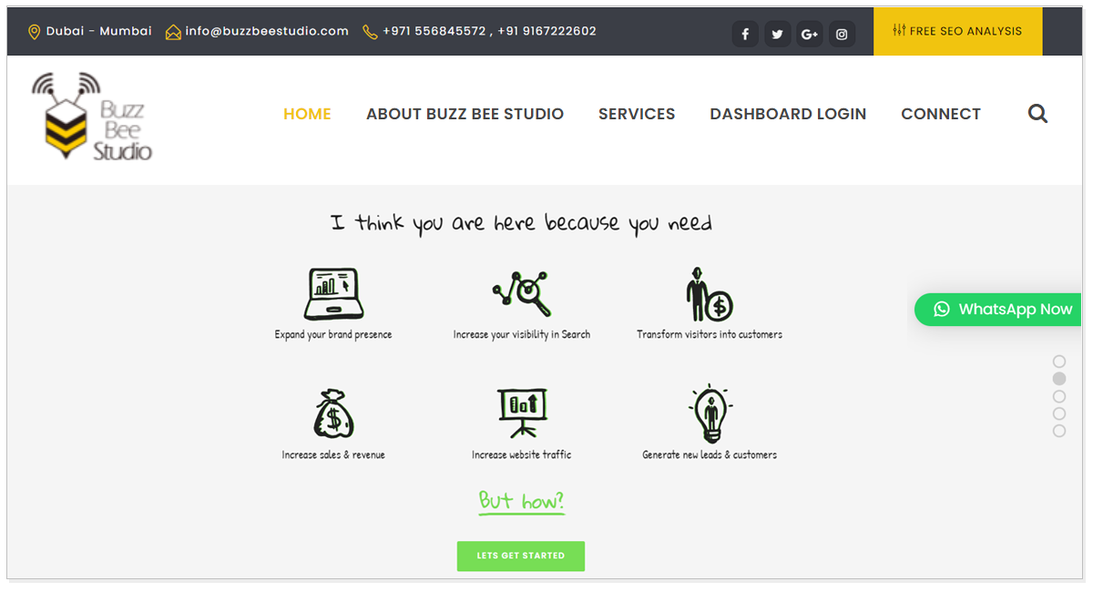 Buzz Bee Studio home page picture with there different service picture and let's get started button.