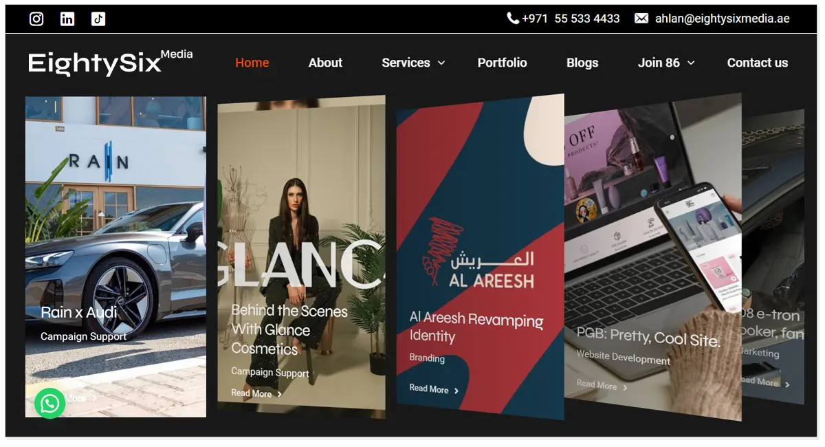 Eighty Six Media home page with the picture of car and a girl as well as a picture of laptop and mobile phone.