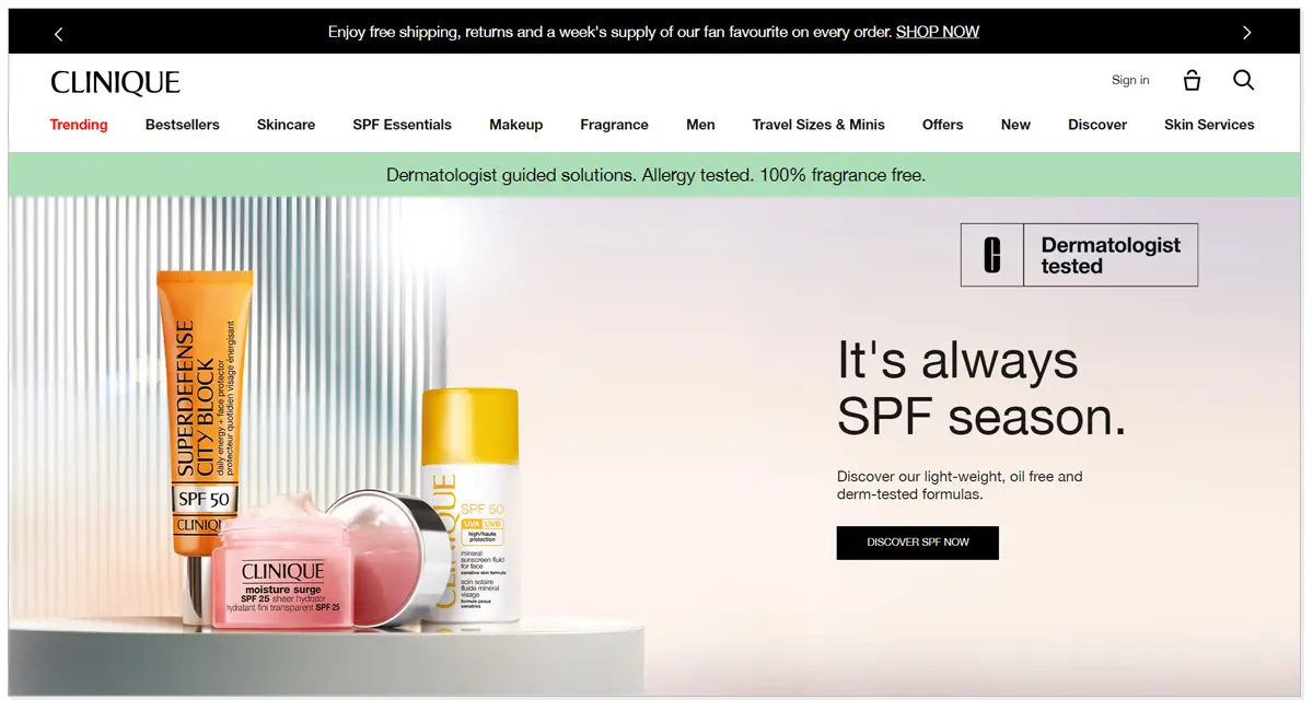 A screenshot of Clinique home page, consisting picture of beauty products and dermatologist tested claim and discover now button.