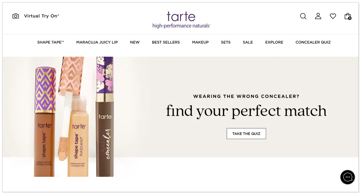 Home page of Tarte Cosmetics, showcasing Tarte Cosmetics beauty products and an option as virtual try on