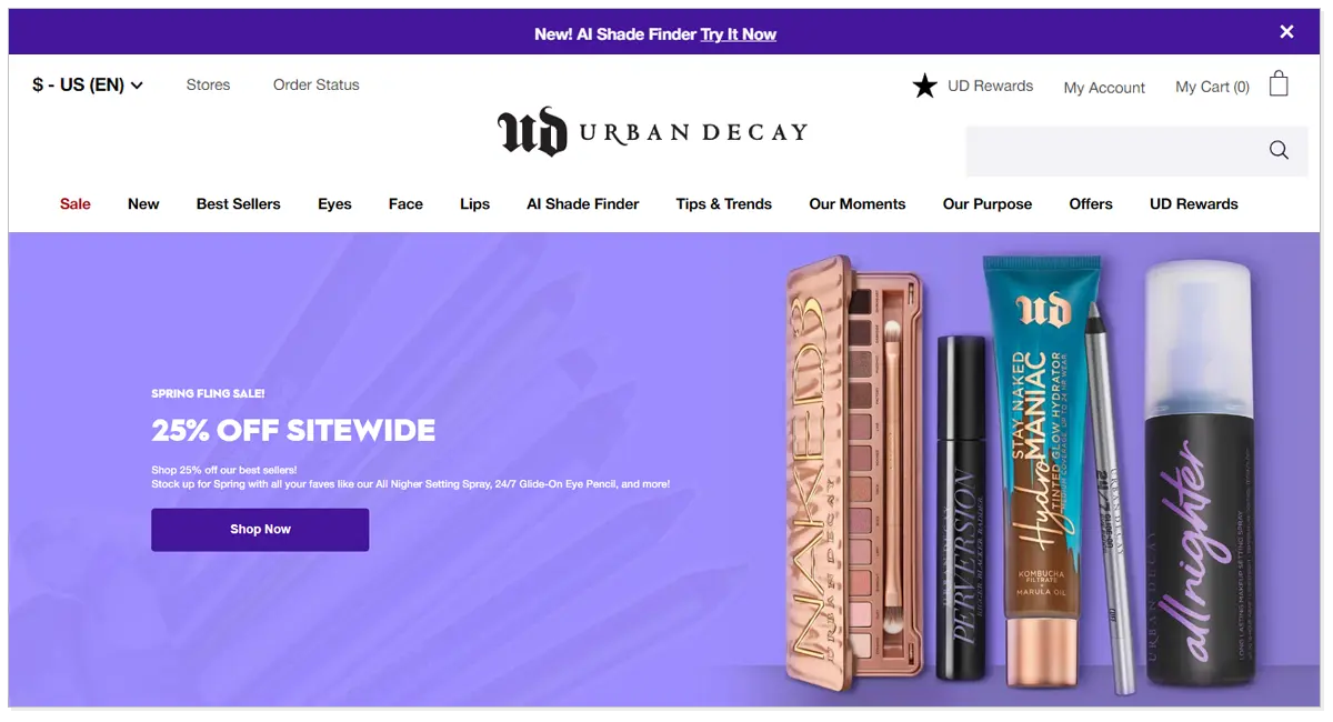 Home page of Urban Decay, with Spring Fling sale of 25% off sitewide and shop now button consisting Urban Decay beauty products.