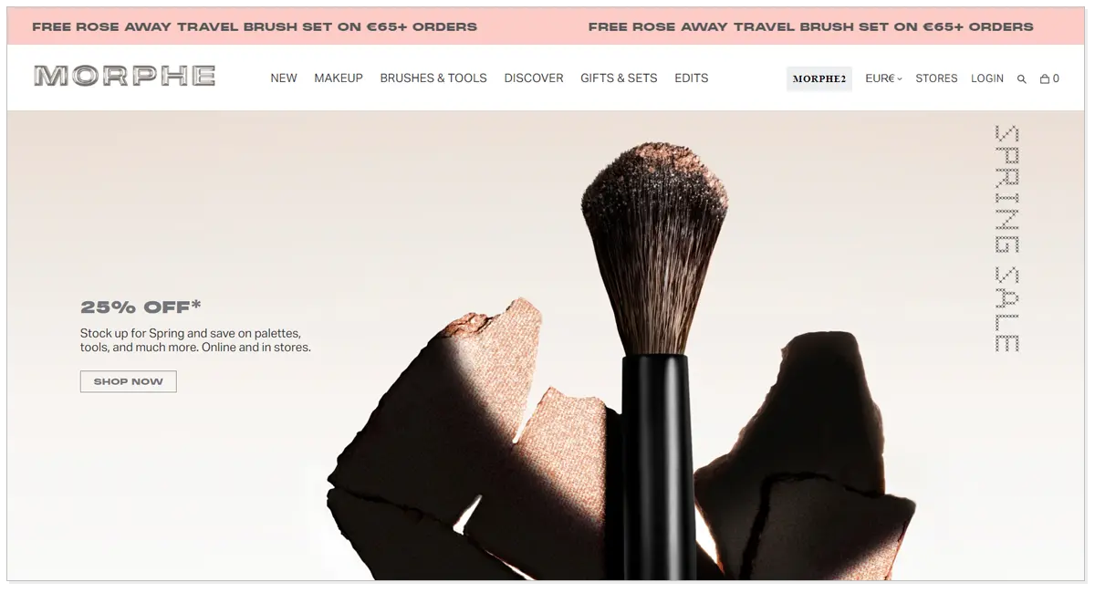 Home page of Morphe with 25% off and shop now button as well as a picture of makeup brush.