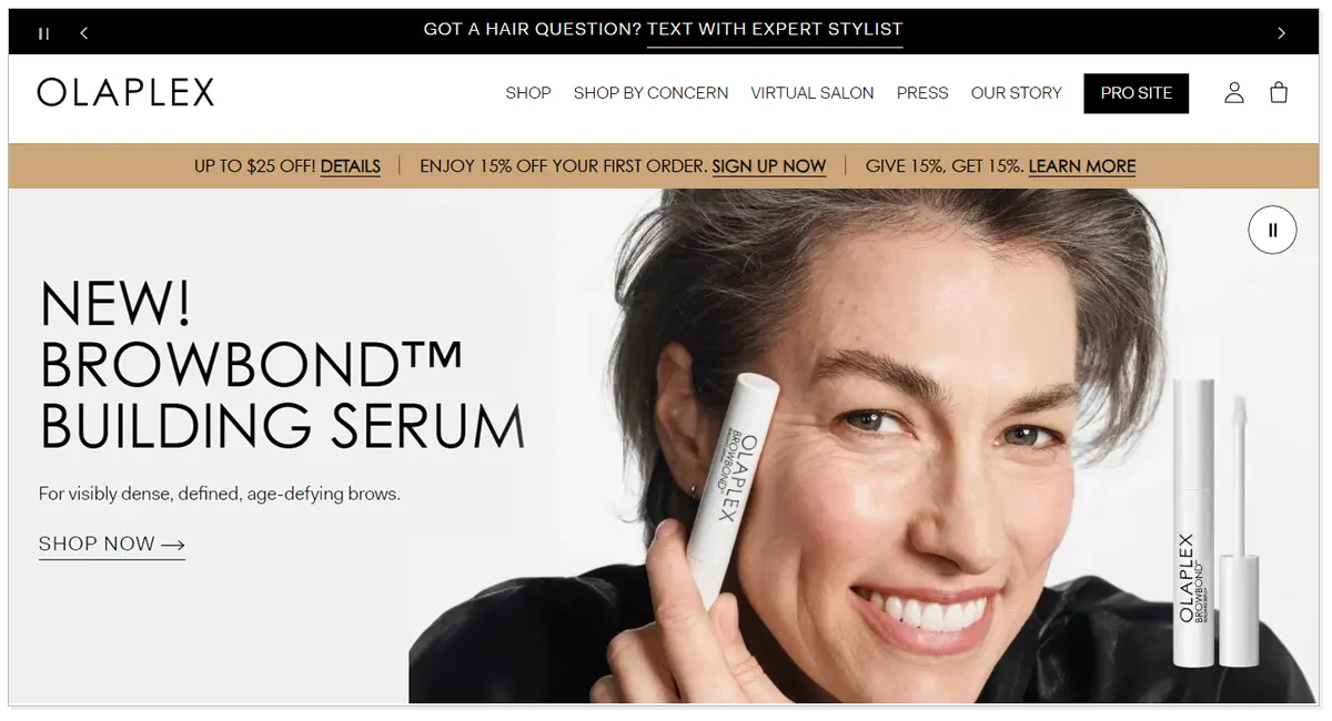 Home page of Olaplex and a picture of a women with Olaplex product.