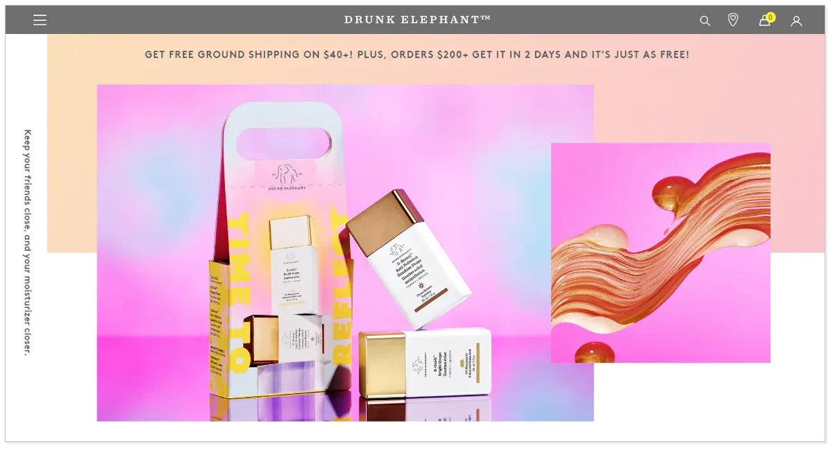 Home page of Drunk Elephant with beauty product of Drunk Elephant.
