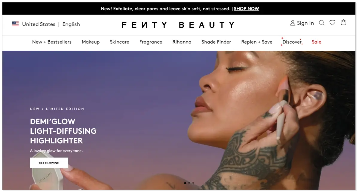 Home page of Frenty Beauty with a picture of girl doing facial makeup.